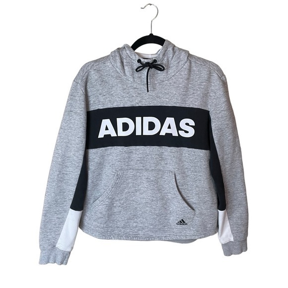 adidas Tops - Adidas Grey Black White Long Sleeve Hoodie Front Pocket Women’s Size Medium‎